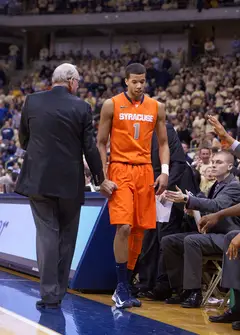Syracuse guard Michael Carter-Williams exits the game at the Petersen Events Center on Saturday. Pitt defeated the Orange 65-55 in the Big East matchup. Carter-Williams finished the game with 13 points on 3-12 shoooting. 