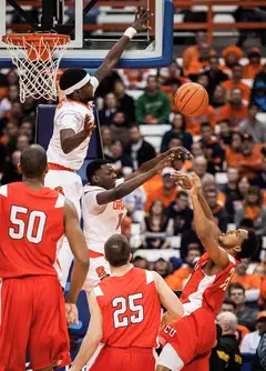 Joseph and sophomore B.J. Johnson defend against a Cornell player going up for a layup. The Orange's defense was stout, only allowing 44 points on the night.