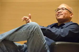 Larry Wilmore speaks during the 13th Annual Conversation on Race and Entertainment Media at the Joyce Hergenhan Auditorium.