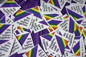 Stickers emblazoned with the Life Gets Better Together logo were available at last year's conference. This year's conference features six workshops about issues in LGBT youth advocacy.
