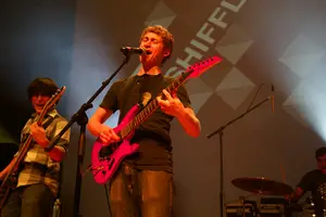 (From left) Shaune Killough and Alex Ganes are two of the five members of the “bubblegum synth rock” band Shiffley. The group will perform at Quinnipiac University in November.