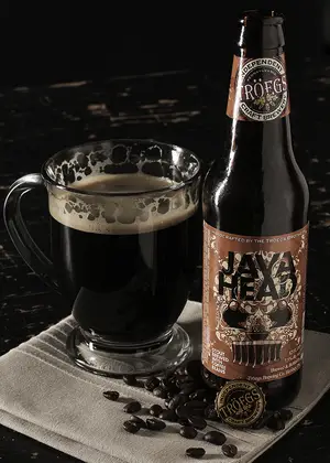 Troegs JavaHead stout features a skull made out of coffee cups and beer glasses on it’s label. The beer’s dark, heavy coffee notes are  reminiscent of a Guinness.