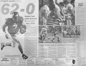 The Daily Orange's coverage from the 62-0 blowout No. 16 Syracuse took on the chin from No. 4 Virginia Tech on Oct. 16, 1999.