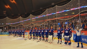 The Syracuse Crunch lines up in front of the Carrier Dome crowd in the Frozen Dome Classic Saturday night.