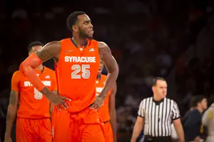 Rakeem Christmas looks on in the first half of No. 23 Syracuse's 73-59 loss to California in the semifinals of the 2k Sports Classic at Madison Square Garden on Thursday night. Christmas fouled out with eight points late in the second half. 