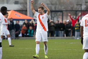 Syracuse midfielder Juuso Pasanen celebrates after the Orange's 2-0 win over Duke in Sunday's ACC tournament quarterfinal. SU advances to play Louisville in the semifinals on Friday at 8 p.m. in Cary, North Carolina.