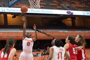 Diamond Henderson puts up a layup against Cornell on Sunday. She, along with the other second-half subs, helped Syracuse fight back against the Big Red and eventually pull away.