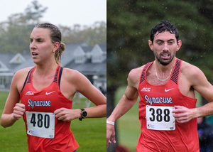 Gabriel Planty (right) and Caroline Kirby (left) placed fourth and second, respectively, at the John Reif Cross Country Invitational to earn ACC Performer of the Week awards.