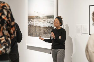 Interim chief curator Melissa Yuen led a gallery tour of the newly installed exhibition “Assembly: Syracuse University Voices on Art and Ecology.” Assembly features artworks made by Syracuse University faculty and recent alumni that contribute to emergent forms of ecological understanding.
