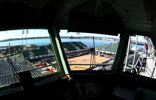 A general view of the court from the control tower before the game between the Syracuse Orange and the San Diego State Aztecs during the Battle on the Midway on Sunday aboard the USS Midway Museum.
