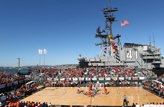 A general view of the tip off at the game between the Syracuse Orange and the San Diego State Aztecs during the Battle on the Midway game on Sunday.