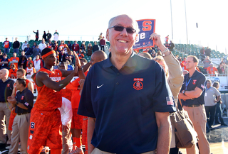 Head coach Jim Boeheim of the Syracuse Orange smiles after the win over the San Diego State Aztecs during the Battle on the Midway game on Sunday.