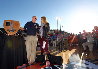 Head coach Jim Boeheim of the Syracuse Orange speaks during an interview with Fox Sports reporter Erin Andrews as the team looks on after the win over the San Diego State Aztecs during the Battle on the Midway game on Sunday.