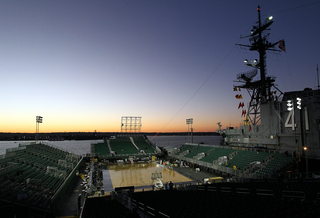 A general view of the break down of the court at sunset onboard the USS Midway Museum after the Battle on the Midway basketball game between the Syracuse Orange and the San Diego State Aztecs on Sunday.