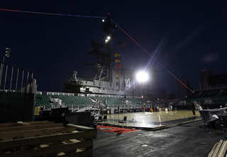 A general view of the breakdown of the court at night onboard the USS Midway Museum after the Battle on the Midway basketball game between the Syracuse Orange and the San Diego State Aztecs on Sunday.