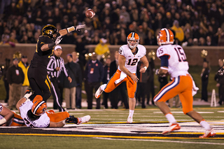 Ryan Nassib completes a pass to Alec Lemon late in the fourth quarter for a first down.