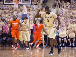 Pitt forward Durand Johnson celebrates a late game 3-pointer to help the Panthers secure their win at the Petersen Events Center on Saturday. Pitt defeated the Orange 65-55 in the Big East matchup.