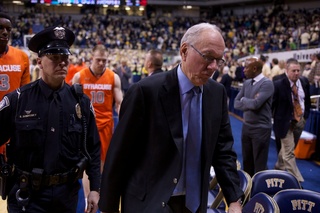 Syracuse coach Jim Boeheim leaves the court after the final buzzer at the Petersen Events Center on Saturday. Pitt defeated the Orange 65-55 in the Big East matchup.