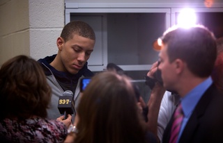 Syracuse guard Brandon Triche answers questions from the media postgame at the Petersen Events Center on Saturday. Triche finished with 14 points on 4-14 shooting as Pitt defeated the Orange 65-55 in the Big East matchup. 