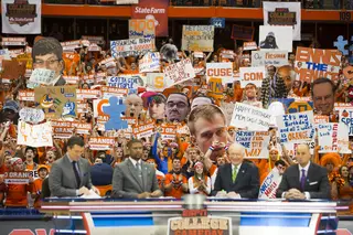 Feb.1: Rece Davis, Jalen Rose, Digger Phelps and Bilas discuss the upcoming game with a sea of signs behind them. ESPN College GameDay visited Syracuse for the first time since 2010 on Saturday, and SU fans were rowdy from start to finish.