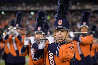 Erica Hughes, a senior music major, performs with the Syracuse University Marching Band at MetLife Stadium as a part of the Super Bowl pregame show.