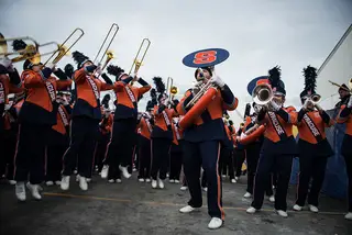 Members of the bandassemble outside of MetLife Stadium before the Super Bowl on Sunday evening.