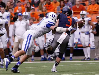 Kimble is tackled by a Duke player. He removed in the fourth quarter with a potential injury. 