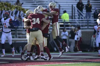 BC celebrates in the end zone after a second-half score put the game out of reach for the Orange.