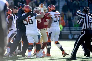 SU center John Miller (56) gets separated from a Boston College player during a first-half altercation. 