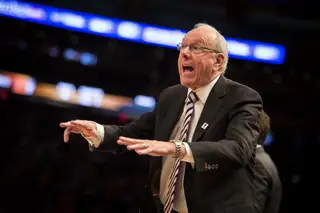 Boeheim motions toward the court. After the game, he said his team had a long way to go. 