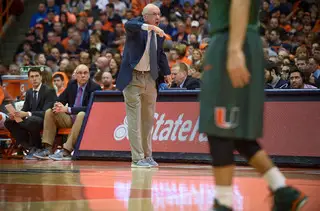 Jim Boeheim instructs from the bench. He was angry when asked after the game about his team's NCAA Tournament chances.