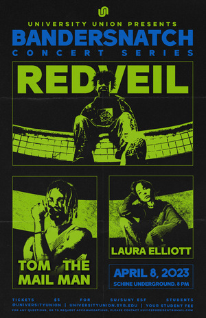 University Union’s second Bandersnatch concert of the semester will take place on Saturday, April 8 at Schine Underground. redveil, Tom the Mail Man and Laura Elliott will be featured at the show. 