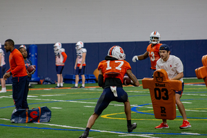 Kyle McCord impressed in hurry-up offense drills while new wide receivers coach Ross Douglas continued to work with the young wide receiver core. 