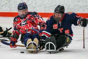 Syracuse's men’s club ice hockey team hosted its first-ever charity sled hockey tournament Sunday. Through its partnership with the CNY Flyers, the event benefited an organization that helps people with disabilities play sports.