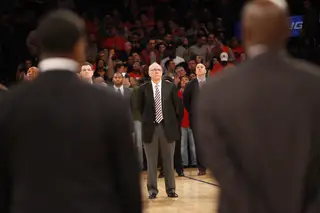 Jim Boeheim looks upward during the National Anthem before Syracuse's final Big East game.