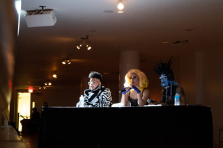 Judges of the night— (from left to right) Maxi Glamour, Judas Joe Manson, and Tenderoni—ponder scores of the contestants. 
